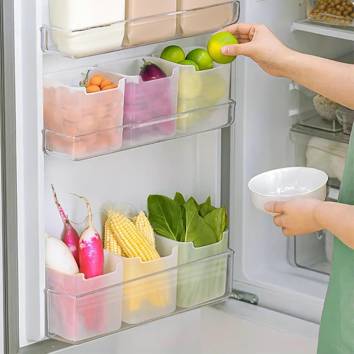 MollisHomes Fridge Storage Boxes - Set Of 6 With Drain Tray, Stackable Plastic Container | 1.5l Capacity, Transparent Grey, Ideal As Fridge Storage Containers, kitchen food storage container for home