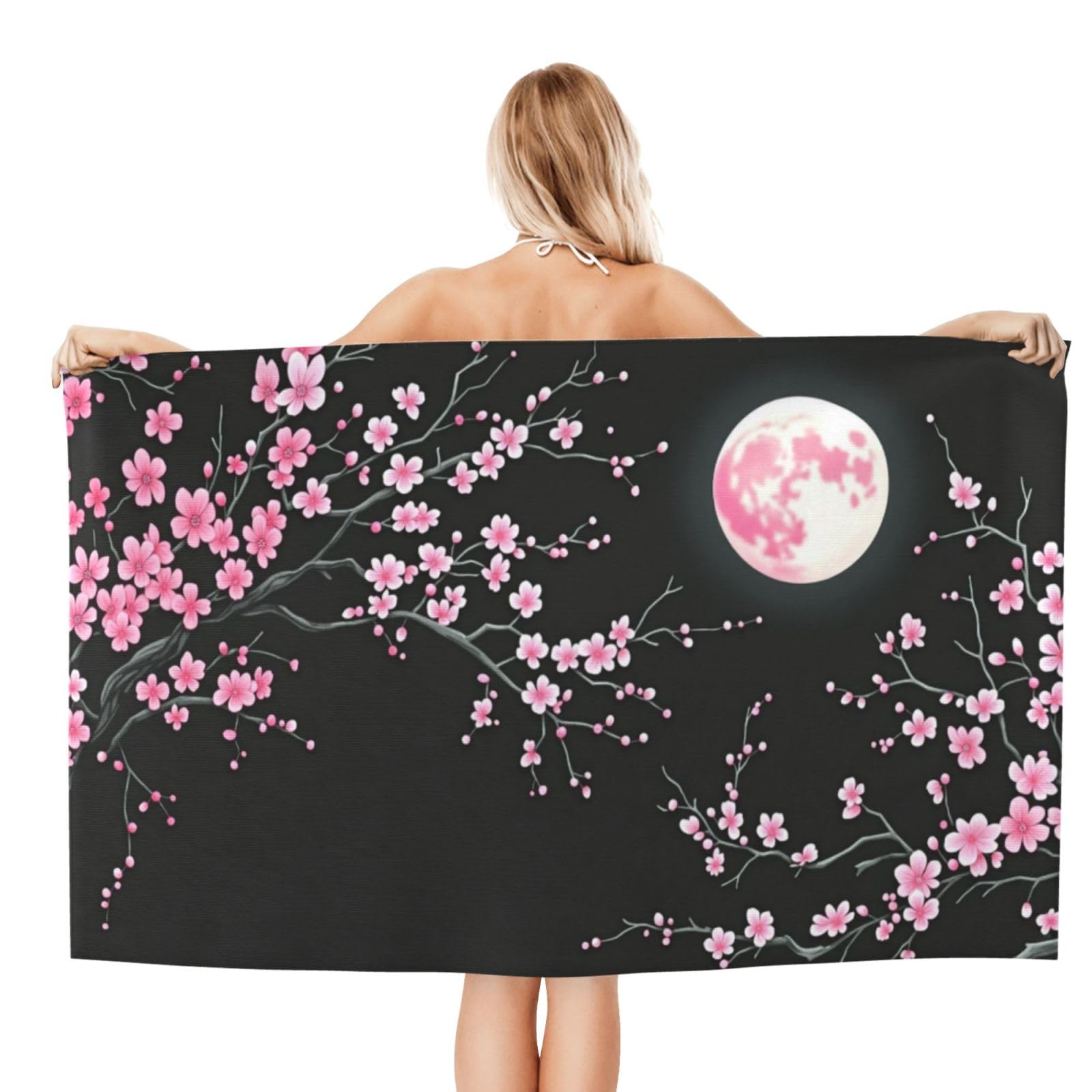 Anceky Beach Towel for Women, Cherry Blossom Moon Night Sand-Free Microfiber Ultra Soft Lightweight Bath Towels for Outdoor Bathroom Swimming 32"X52"