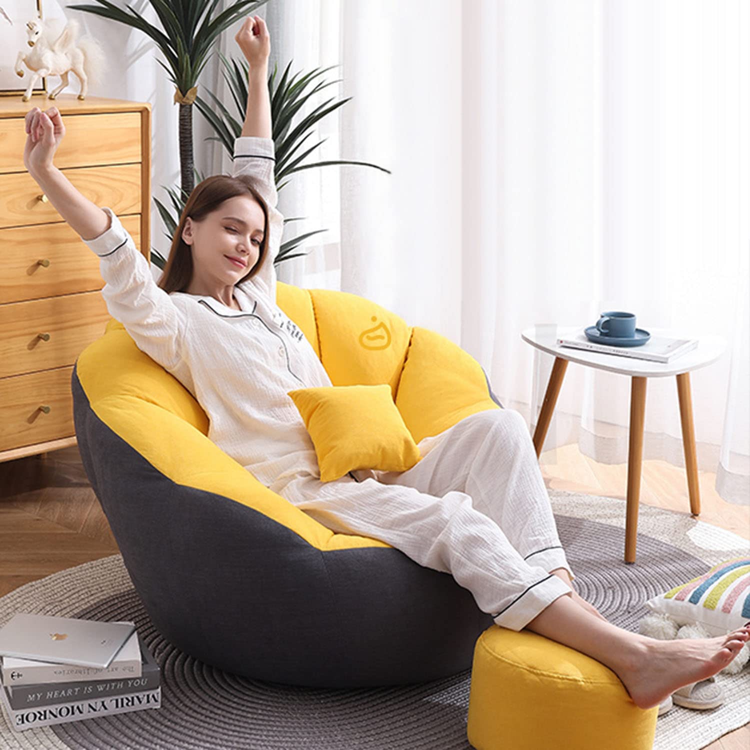 PHASFBJ Petal Shaped Bean Bag Chair Cover, Sofa Lazy Sack (No Fills)+Footstool Cover Bean Bag Chair, Ultra Soft Bean Bags Chairs Lounger Tatami for Kids, Adults, Couples,Yellow black