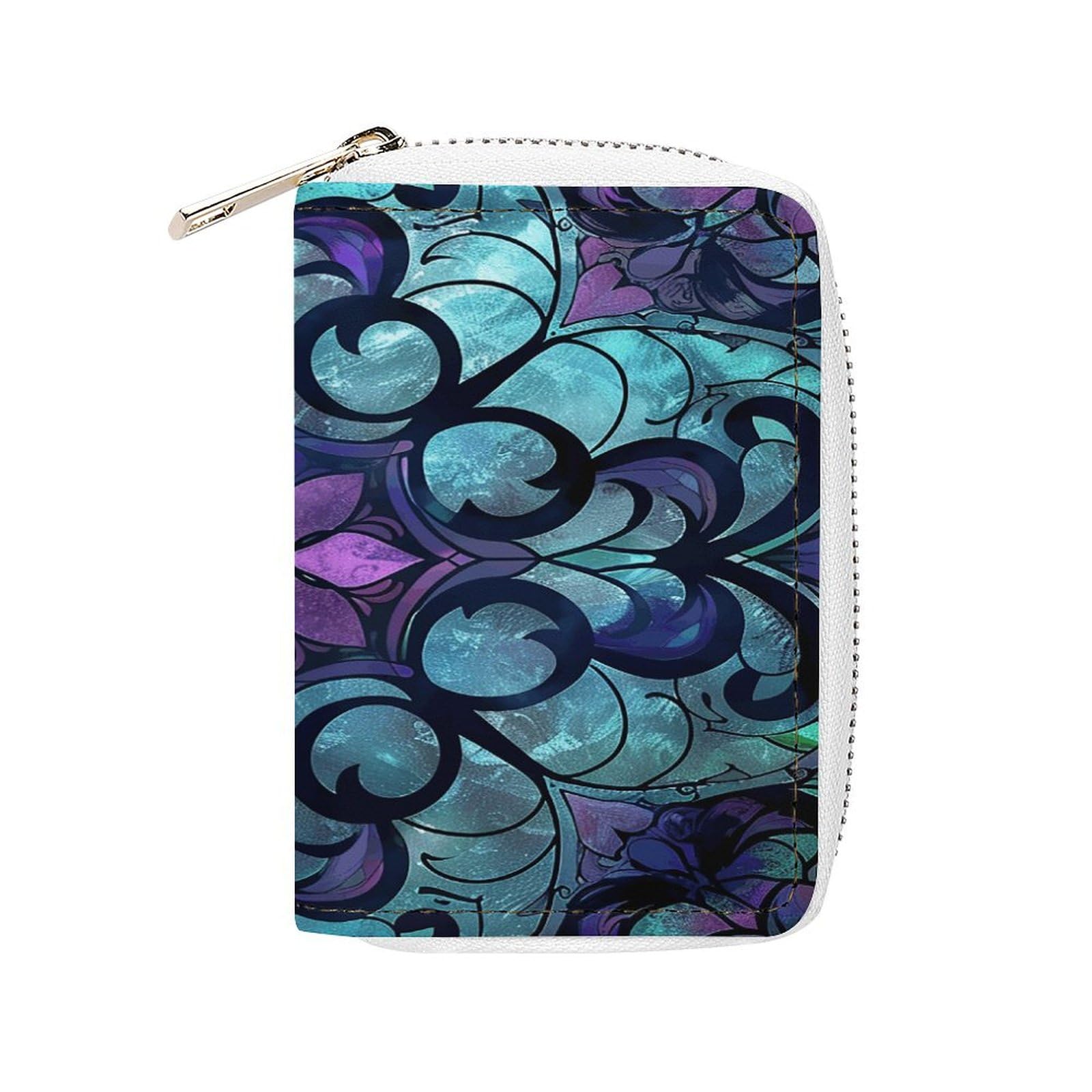 Leather Card Organizer Case Card Wallet Credit Card Holder Stained Glass Pattern Printed Zipper Card Cases Holder for