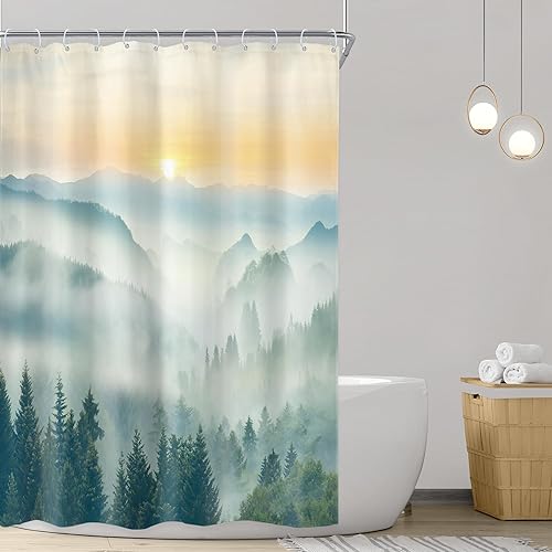 Miniatura 8 de Riyidecor Cortina de ducha de bosque brumoso, 72 pulgadas de ancho x 72 pulgadas de alto, montaña brumosa, árbol ahumado, montaña, naturaleza, pino,