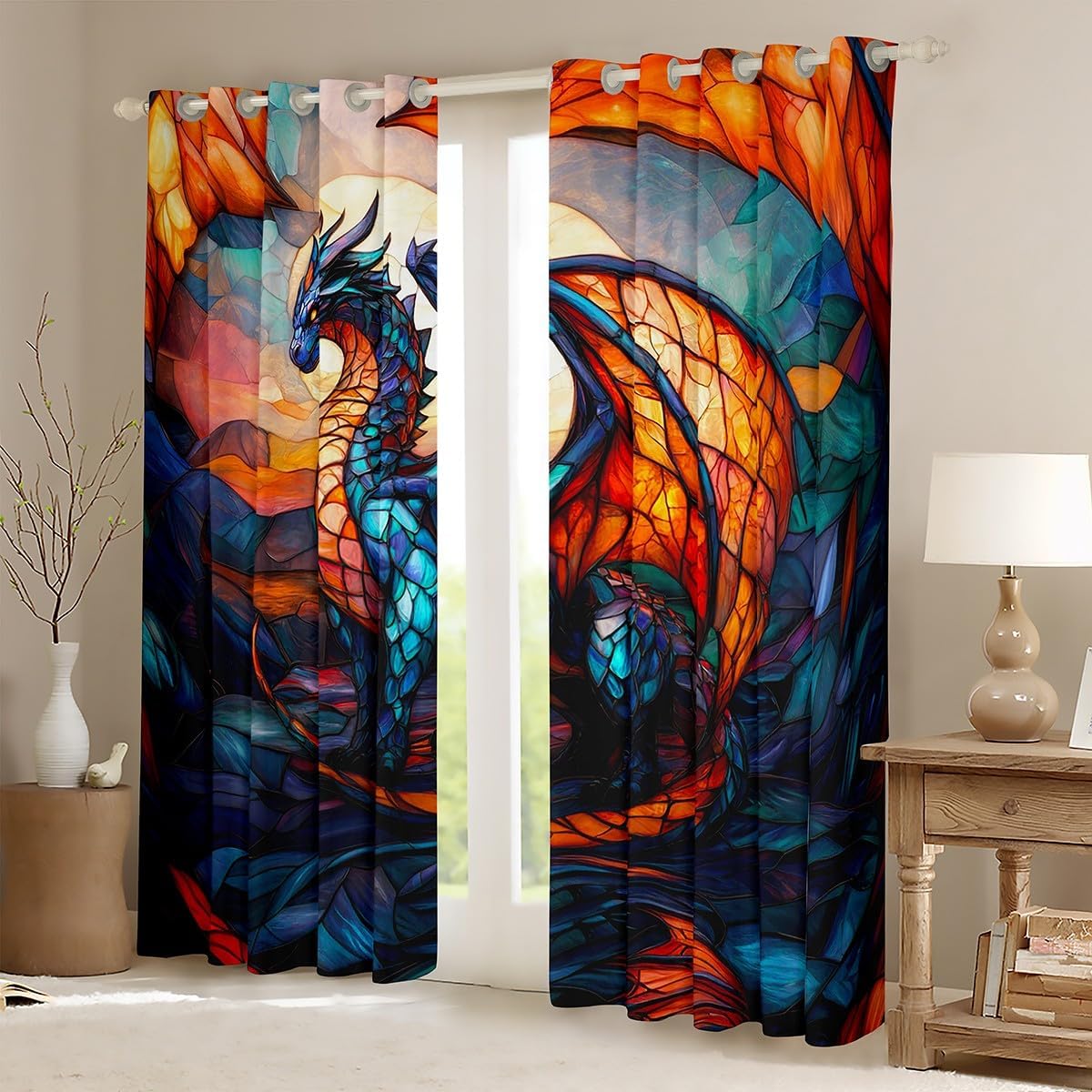 Feelyou Dragon Curtains for Bedroom Living Room (2 Panels, 42 x 84 Inch) Dragon Stuff Room Darkening Blackout Curtain Wild Life Darkening Drapes Cute Window Treatments Orange Blue