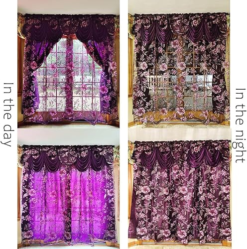 Miniatura 7 de GOHD Roman Romance. Cortina de organza impresa quemada con cenefa de lujo adjunta y respaldo de tafetán (morado, 55 x 84 pulgadas + cenefa adjunta x