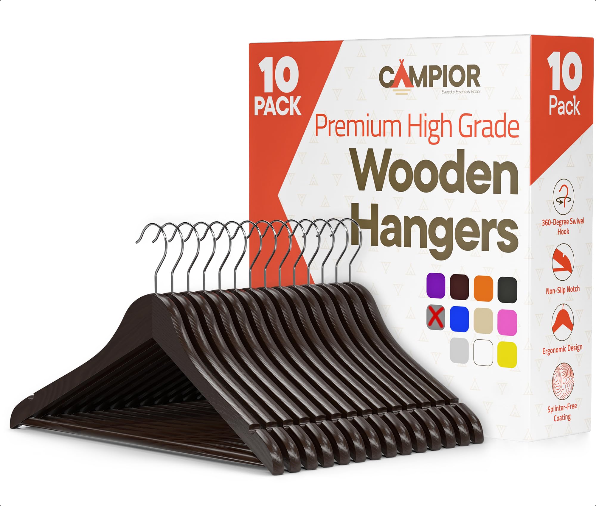Paquete de 10 Perchas de Madera Color marrón, Resistentes, con Gancho Giratorio de 360°, Antideslizante, Barra para Pantalones y Ranuras para los Hombros, Perchas de Madera para Trajes, Chaquetas,