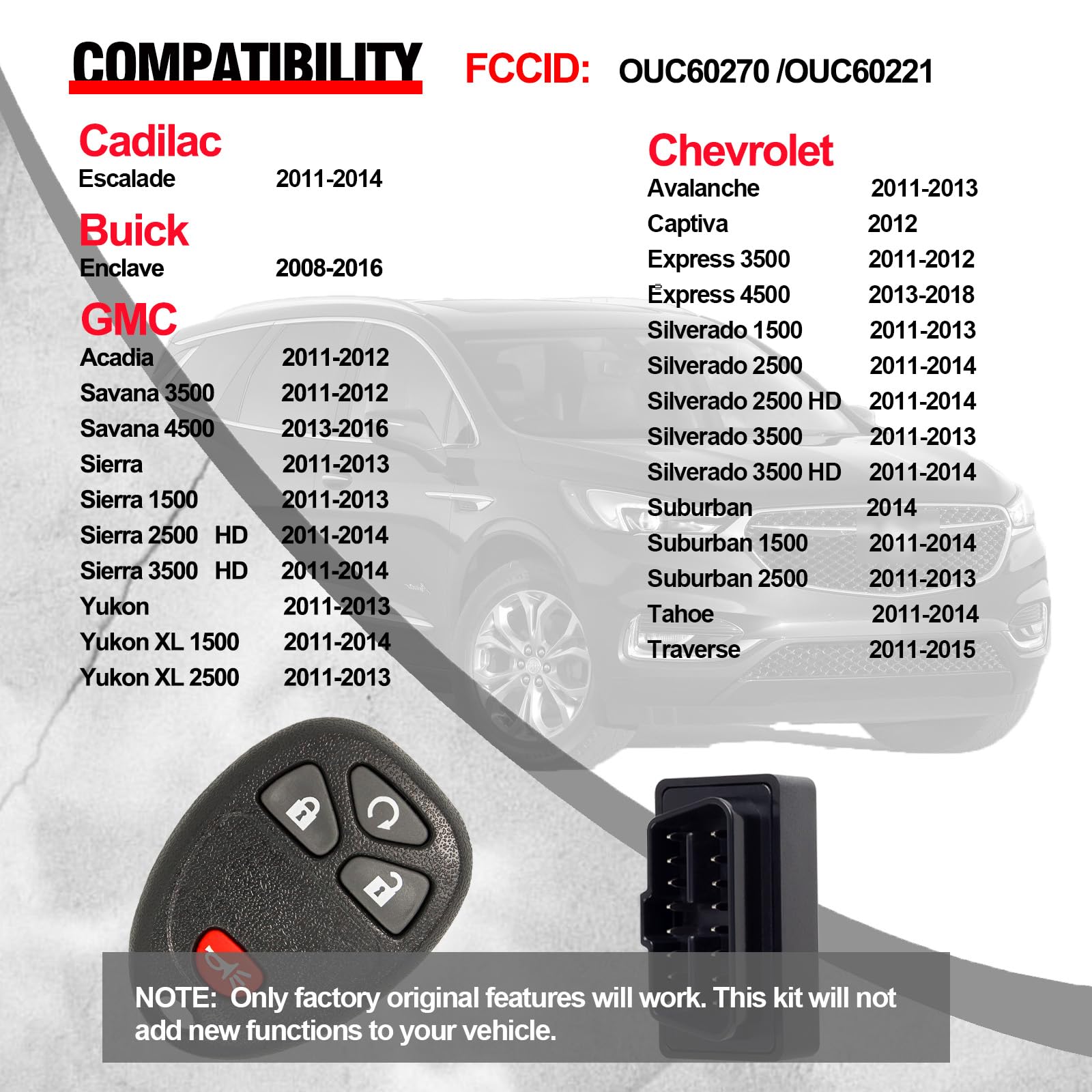 Keyless Entry Remote Kit for Chevy Silverado Avalanche Equinox Express Traverse GMC Yukon Sierra 1500 2500 3500 HD Acadia Savana Buick Enclave(OUC60270 OUC60221)