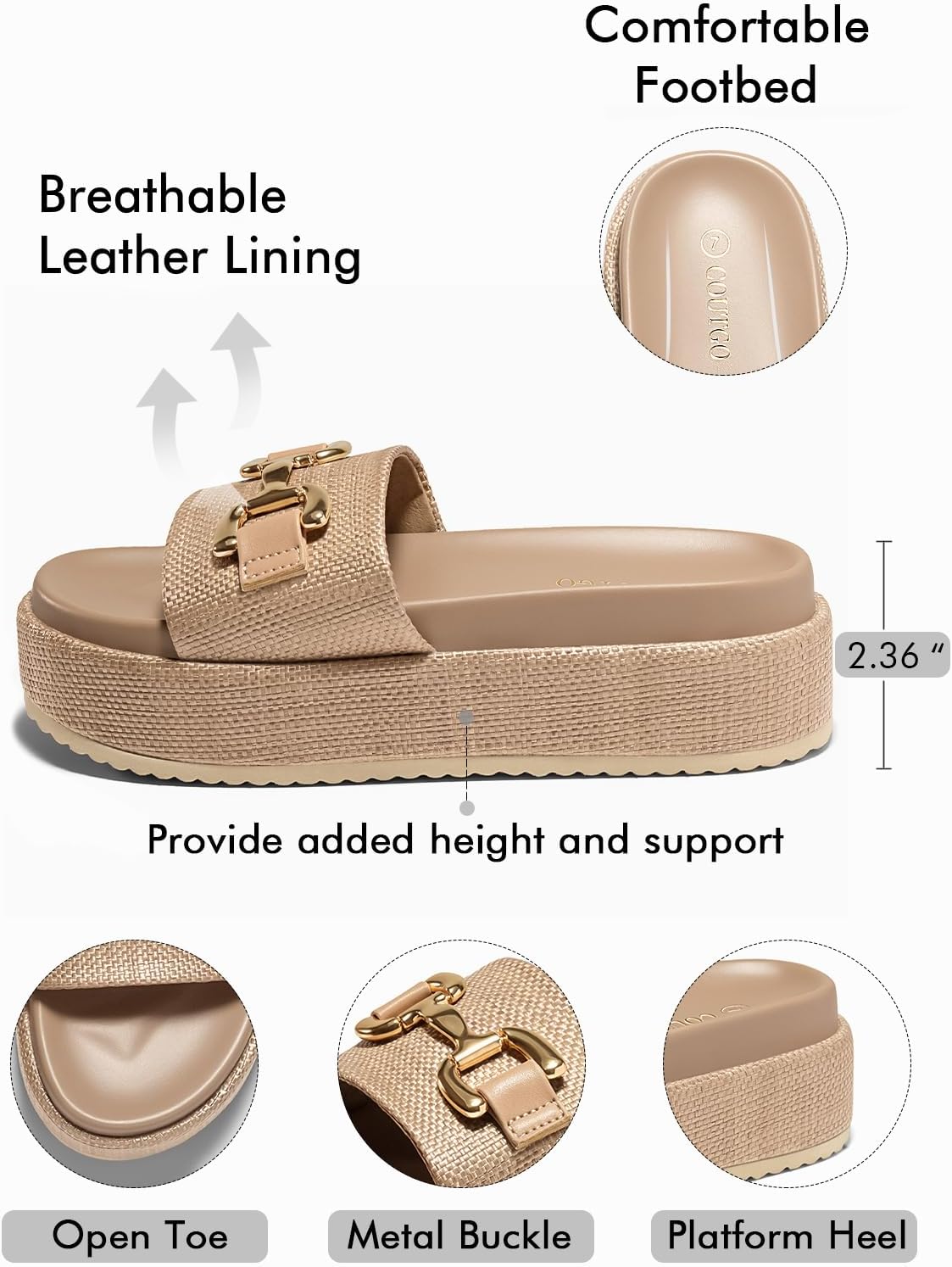 Coutgo Womens Platform Sandals Raffia Espadrilles Metal Chain Slip on Open Toe Cute Beach Slide Sandals - Image 4