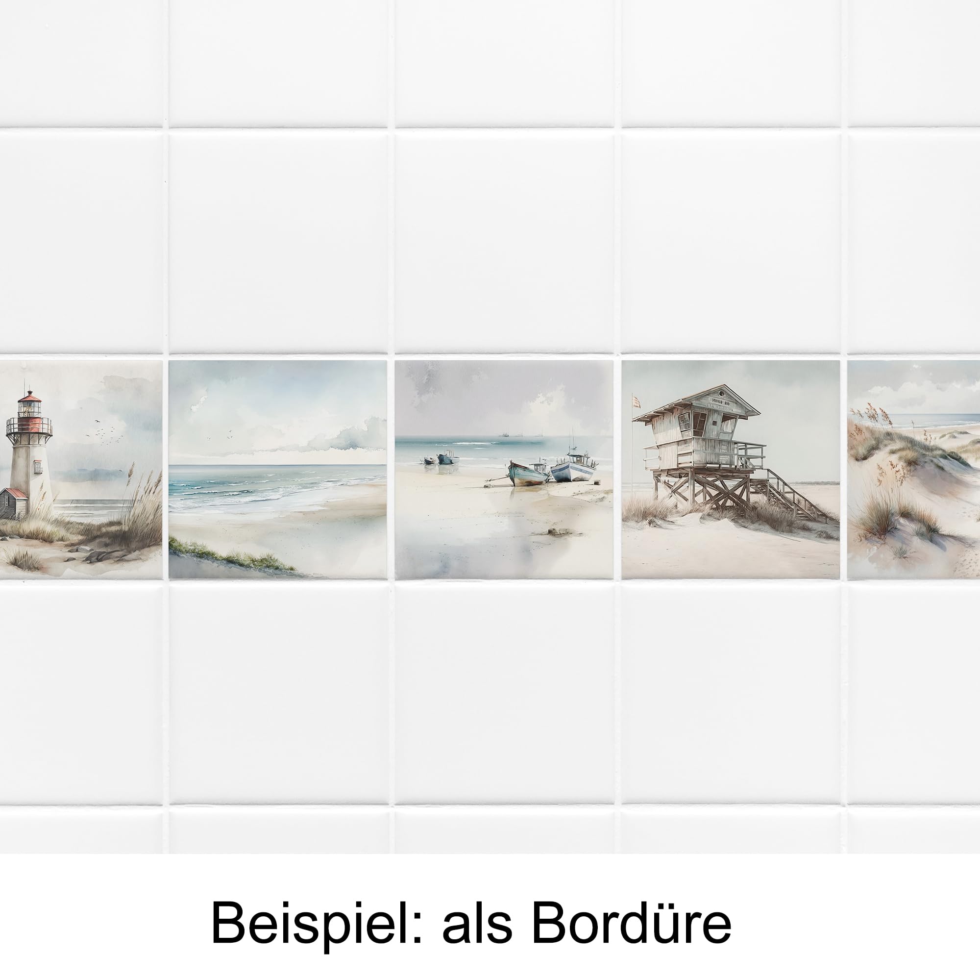 GRAZDesign Fliesenaufkleber Bad & Küche, maritim Leuchtturm Strand Watercolor, Klebefliesen selbstklebend - 15x15cm / 10 Stück