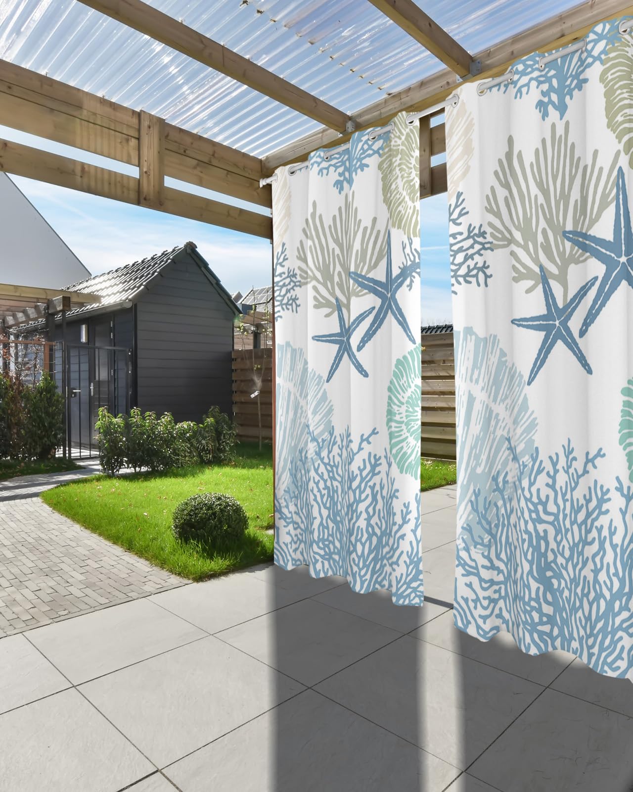 Outdoor Curtains for Patio Waterproof, Nautical Coastal Ocean Coral Outside Curtain 2 Panel, Beach Themed Blue Teal Window Treatment Drapes Privacy Indoor/Outdoor Curtain for Porch Gazebo 54x95