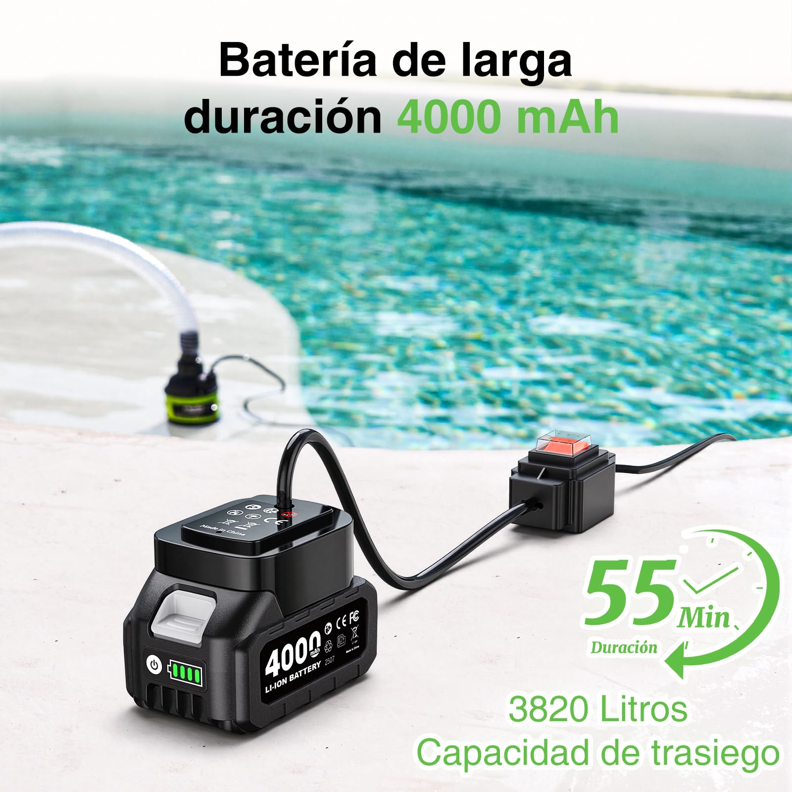 TaskStar Bomba Sumergible de Agua Inalámbrica Brushless, 4164 L/h Pequeña Bomba Portátil Utilitaria con Batería 4000mAh para Piscina, Jardín, Camping, Barco, Barriles de Lluvia, Drenaje Exterior