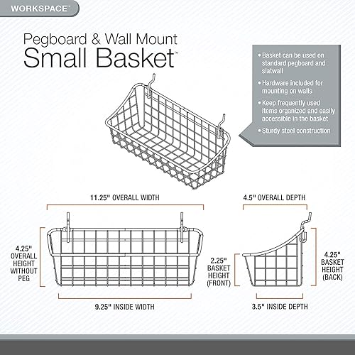 Miniatura 2 de Spectrum Pegboard y cesta de alambre para montaje en pared pequeña (gris industrial)  Almacenamiento y organizador para garaje, herramientas,