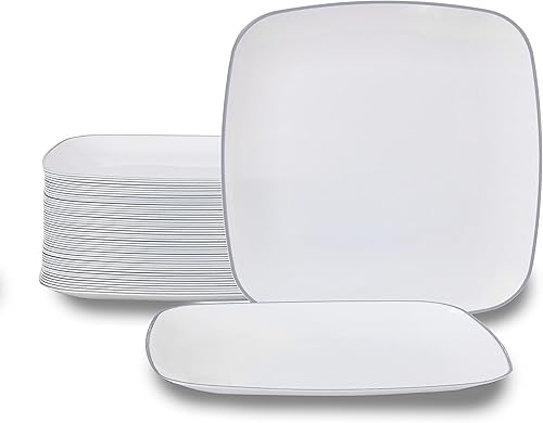 BloominGoods Platos cuadrados desechables de plástico, paquete de 50 platos cuadrados de 10 pulgadas, color blanco con borde plateado, ideales para
