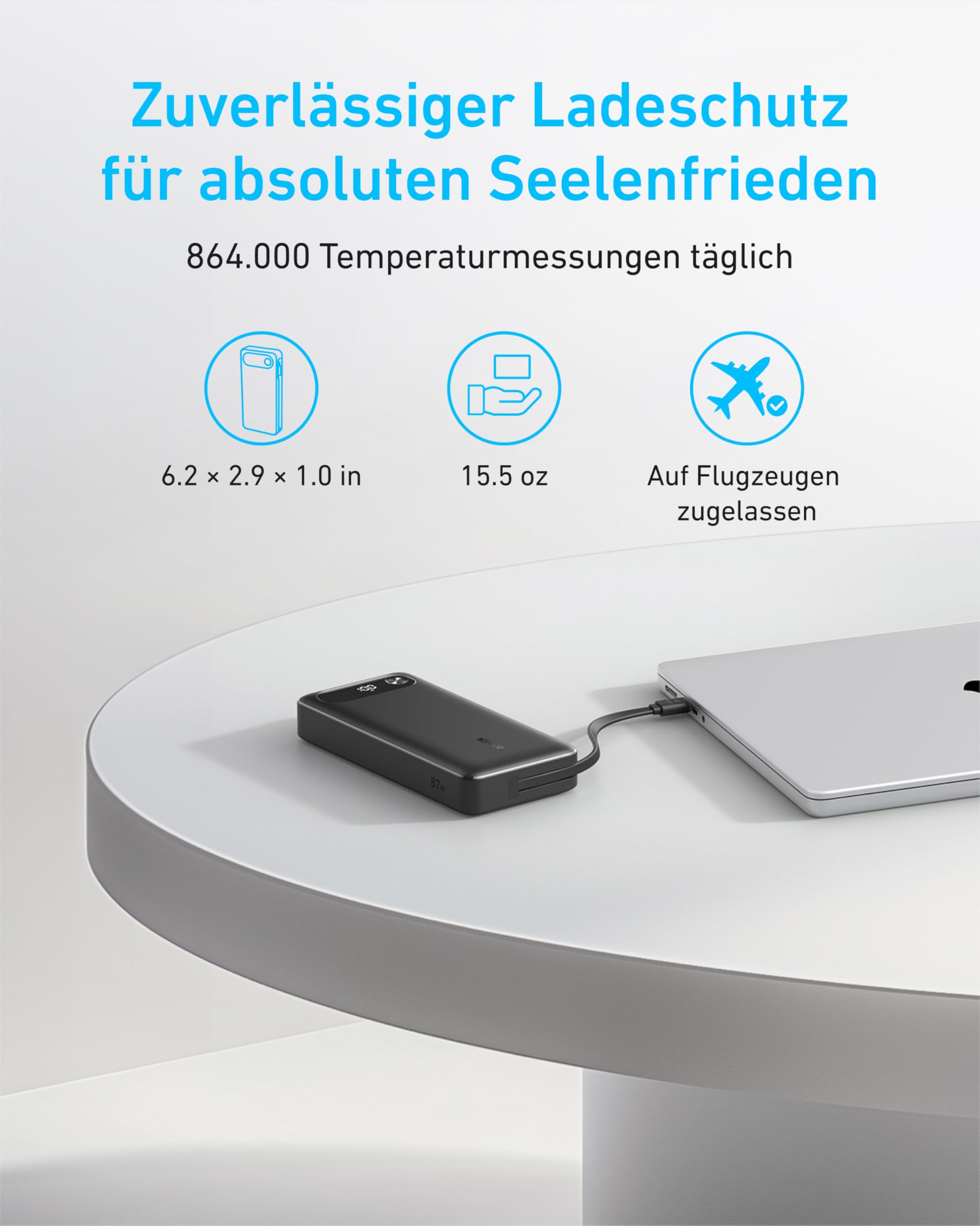 Anker Powerbank, 20.000mAh tragbares Ladegerät mit integriertem USB-C-Kabel, 87W Max Schnelllade-Akku, 1 USB-C und 1 USB-A, für MacBook, iPhone 17/16/15/14 Serie, Samsung, Switch, und mehr