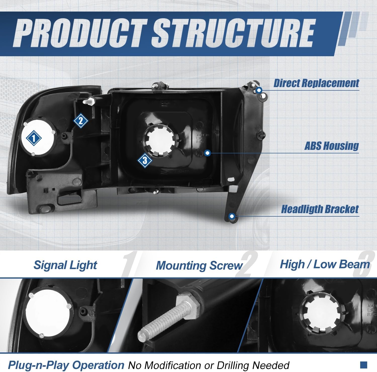 Auto Dynasty Headlights Assembly Compatible with 1994-2002 Dodge Ram 1500 2500 3500 Non-Sport, 4Pcs Driver and Passenger Side Halogen Headlamps Replacement w/Corner Lamps, Black Housing Clear Corner