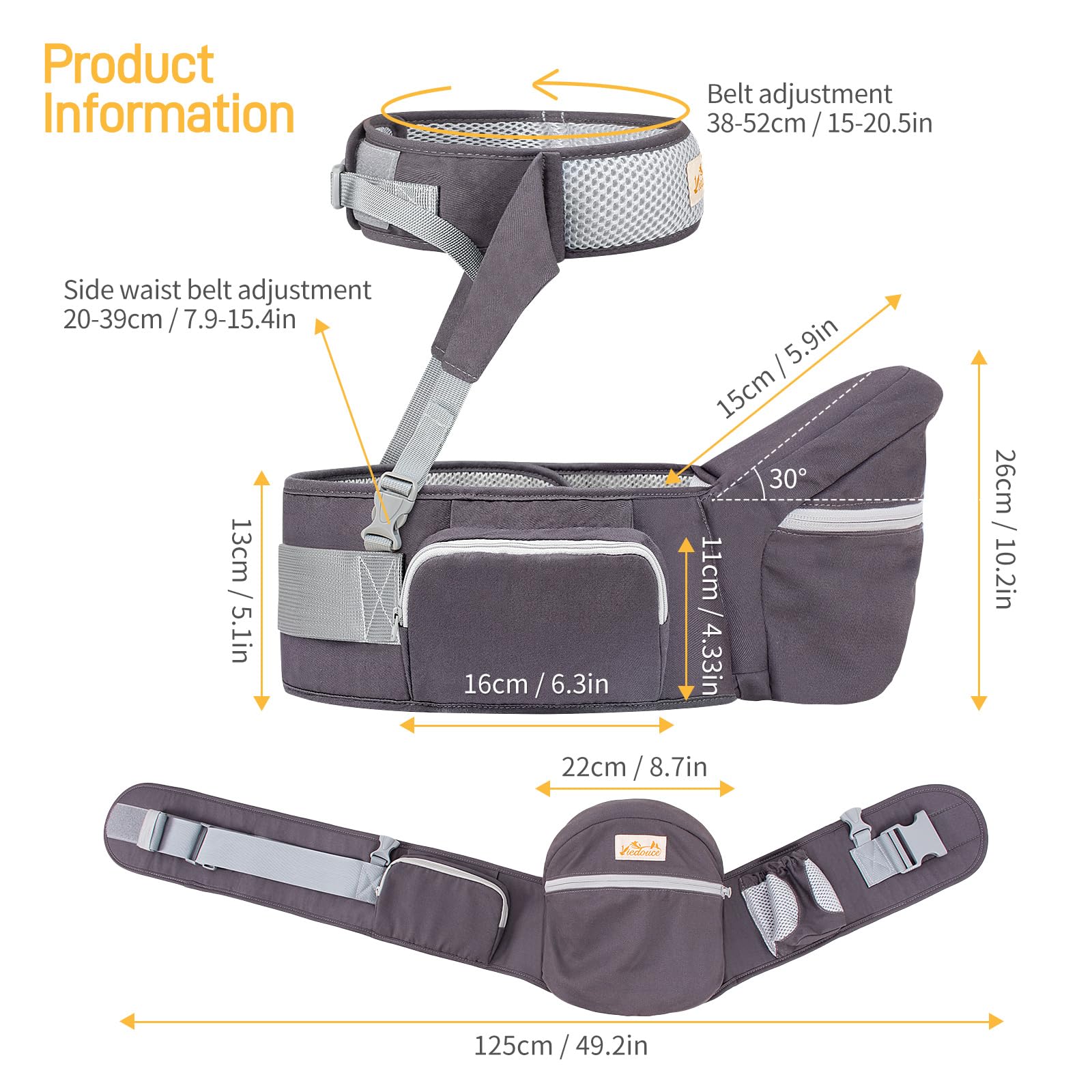 Viedouce Baby Hüftsitz Ergonomische mit Sicherheitsgurt Schutz,Reine Baumwolle Leicht und atmungsaktiv,Ergonomischer Leichte Taille Hocker Baby Hüftsitz für 4-36 Monate (Dunkelgrau)