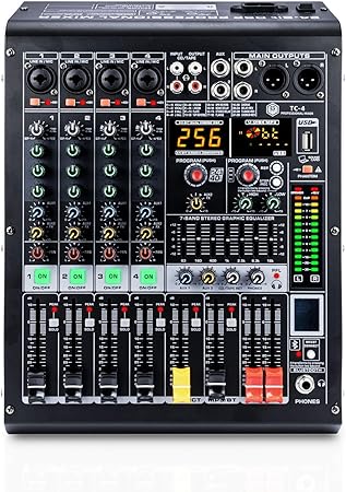 W IN-MIX 4 Channel Professional Audio Mixer with MP3 Player and Bluetooth U disk 48V Phantom Power Source USB recording for Studio Recording, Live Performances