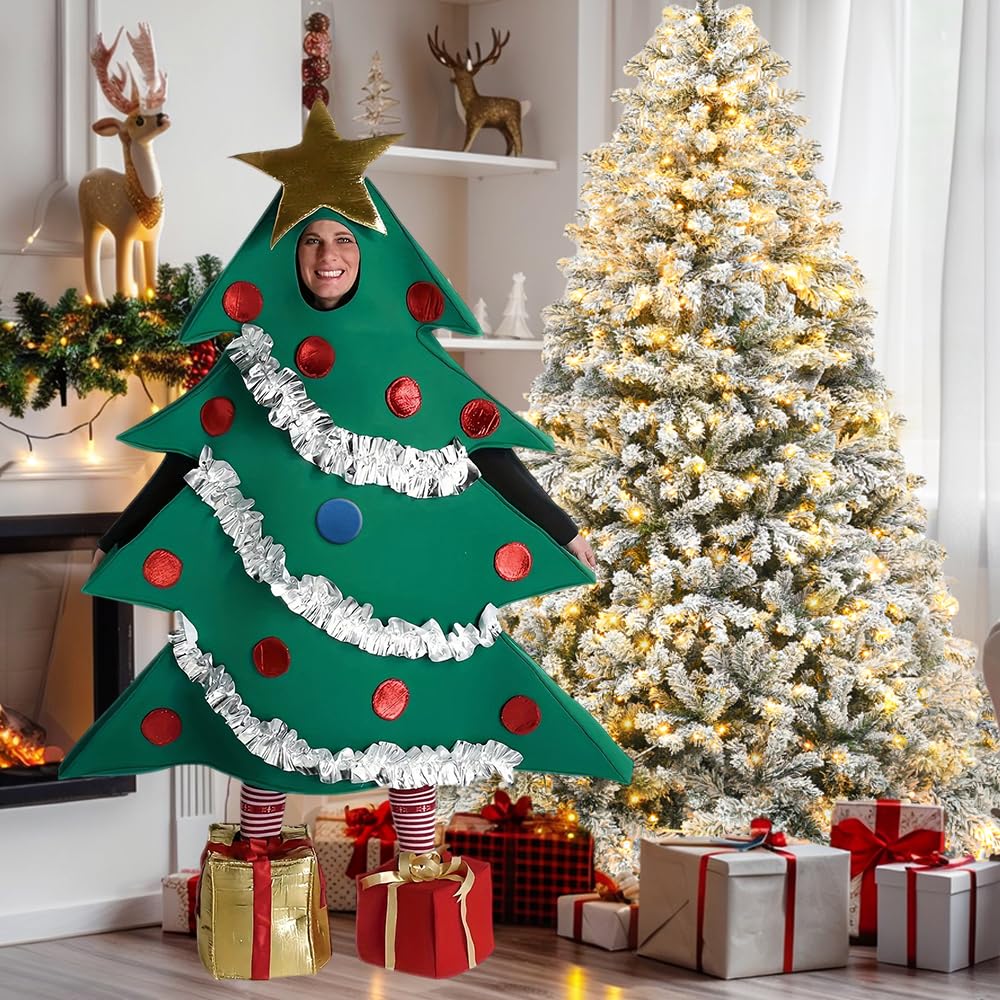 PLLYPE Christmas Tree Costume Cosplay Set including Green Xmas Tree Shaped Stage Performance Costume and Gift Shaped Shoes Unisex Clothes Set - Image 3