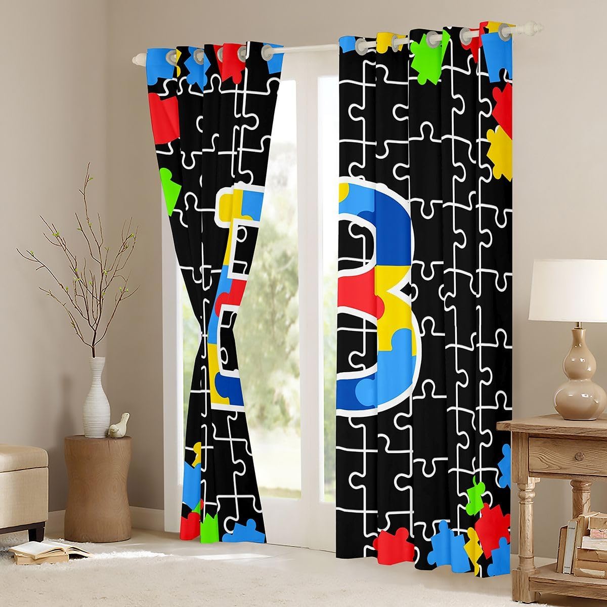 Castle Fairy Monogram Letter B Blackout Curtains Jigsaw Puzzle Window Drapes,Geometric Square Patchwork Window Treatments,Kids Boys Girls Room Decor,Grommet Top 2 Panel Set Curtains, 42Wx90L inch