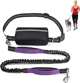 Coleira para cães com cinto ajustável, bolsa refletiva móvel e fixável para a cintura, bolsa grande com zíper, coleira elástica com duas alças para corrida, caminhada e trilha (Roxo)