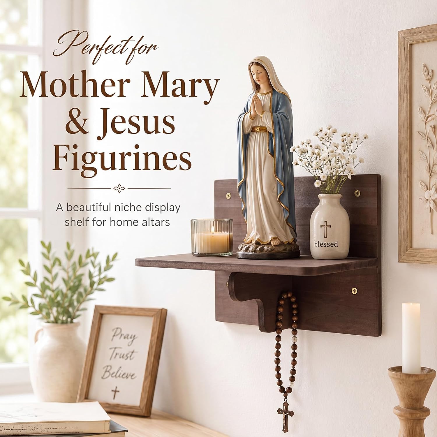 3 Pcs Wall Shrine for Christian Figurines Floating Altar Shelf | 9.8 x 5.9 Inch, Mother Mary Statue Jesus Display Solid Pine Wood Altar Dark Brown Niche Display Shelf Prayer Room Decor