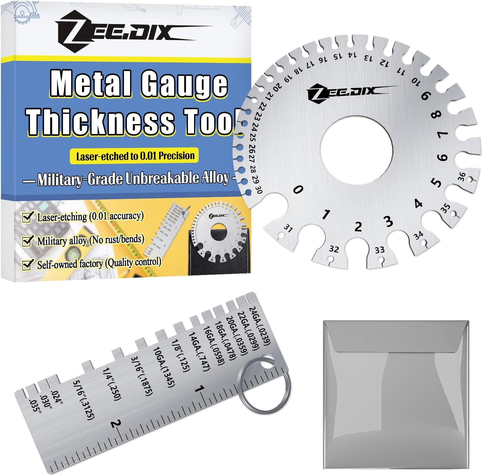 ZeeDix Wire Gauge Measuring Tool (2 Pcs) - Round Dual Sided Metal Sheet Gage & Metal Sheet Thickness Gauge, Stainless Sheet Wire Size Chart & Welding Measurement Tool