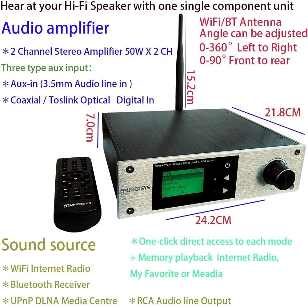 Exclusive TUNERSYS WiFi Internet Radio Tuner Stereo Amplifier Network Receiver with Bluetooth 100W - DAC Optical Digital Input to RCA Aux Out Wireless Component Home Audio System Music Alarm Clock Player WS161 🔥 Cashback up to 70% TUNERSYS WiFi Internet Radio Tuner Stereo Amplifier Network Receiver with Bluetooth 100W - DAC Optical Digital Input to RCA Aux Out Wireless Component Home Audio System Music Alarm Clock Player WS161