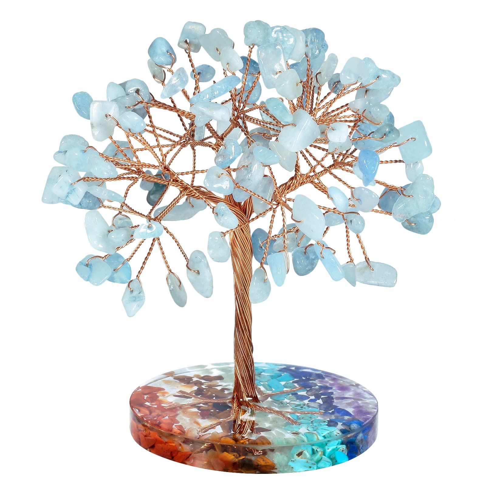 Sculpture arbre en cristal aigue-marine et socle minéral prestigieux