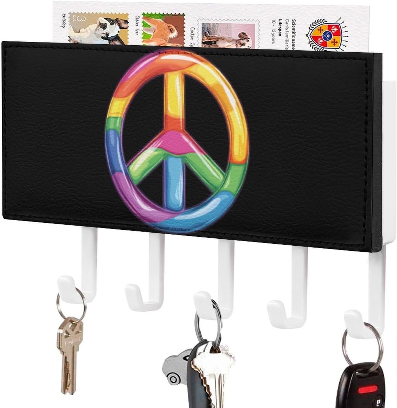 Colorful Peace Sign Symbols Key Holder Wall Mount PU Leather Key Rack Key Hanger Mail Organizer Bathroom Kitchen