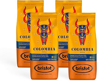 Bristot, Kaffeebohnen KOLUMBIEN – Bohnen nur aus Kolumbien mit Blumennoten, roten Früchten und Mandeln – Set mit 4 Packungen pro 225 g (Insgesamt 900 g)
