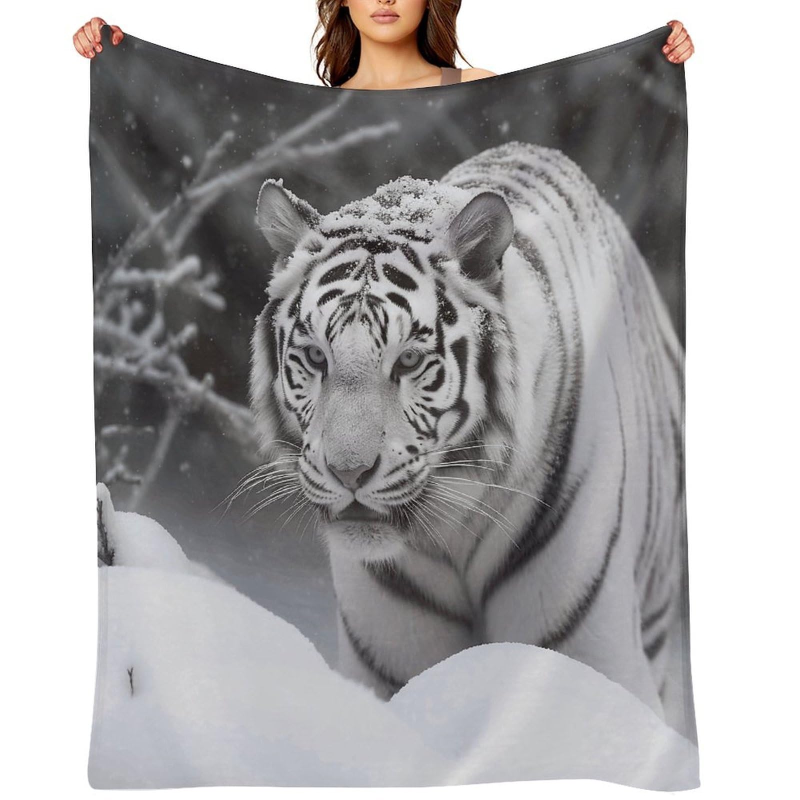 Flannel Fleece Throw Blanket - 60"x80" Super Soft Plush,Lightweight Wrinkle Resistant Cozy White Tiger in The Snow Blanket for Couch Sofa Bed Travel Camping and Gift