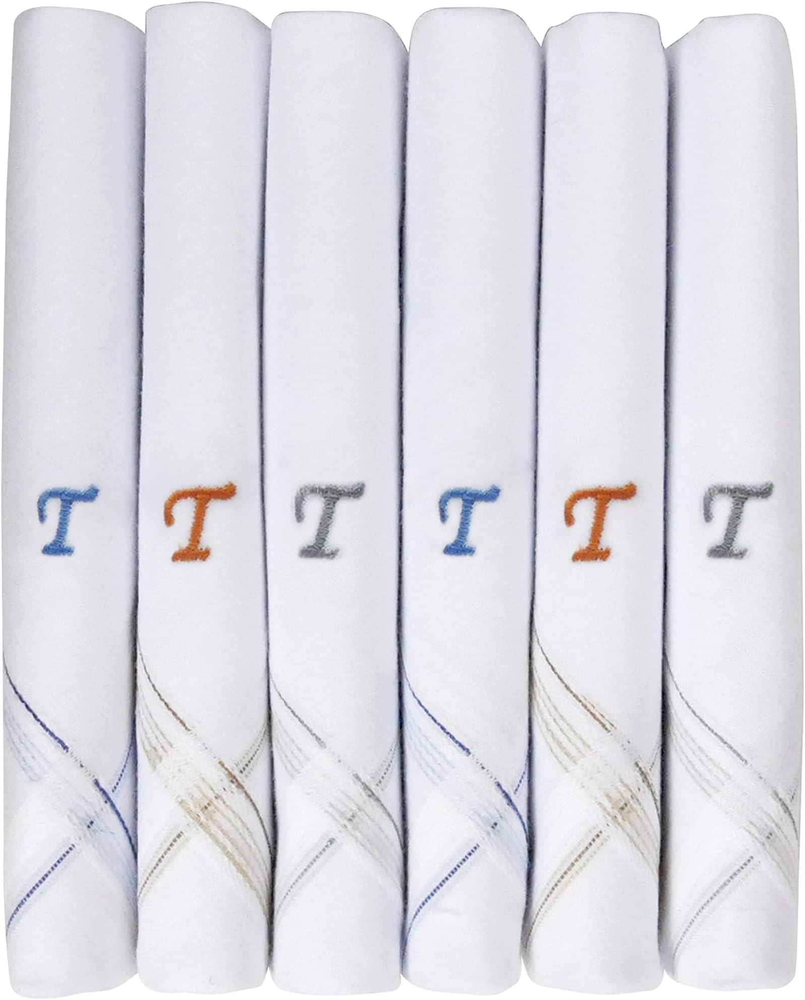 Caruso Italy Men's Initial Monogram Embroidery 100% Pure Cotton Handkerchief White Base With Colored Border - Pack Of 6