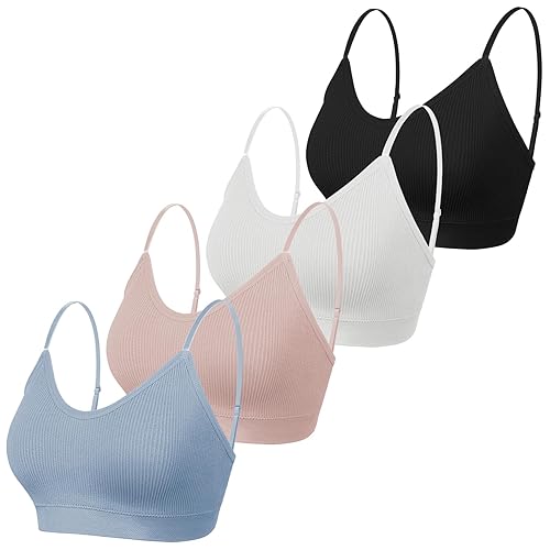 KCDDUMK 4 Pieces Cami Bras - Women's V-Neck Padded Seamless Straps Bralette Everyday Basic Sleeping Bra - X-Large - Black, White, Blue, Pink