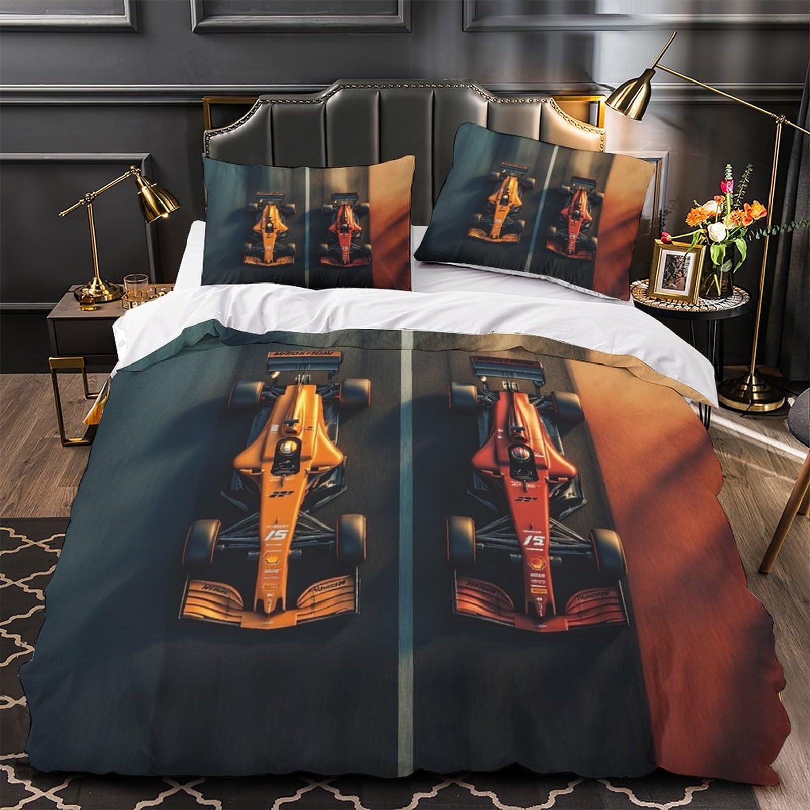 DAFUfbw Washable Formulaa Racing Bedding Set With Hidden Zipper, Super King（260x220cm） Formulaa Racing Duvet Cover with Pillowcases, Soft Microfiber Racing Car Quilt Cover