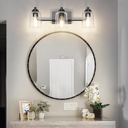 Miniatura 7 de SOLFART Luces de baño de 3 luces sobre espejo, luces negras de tocador para baño, luces de pared para baño, luz de espejo negro mate