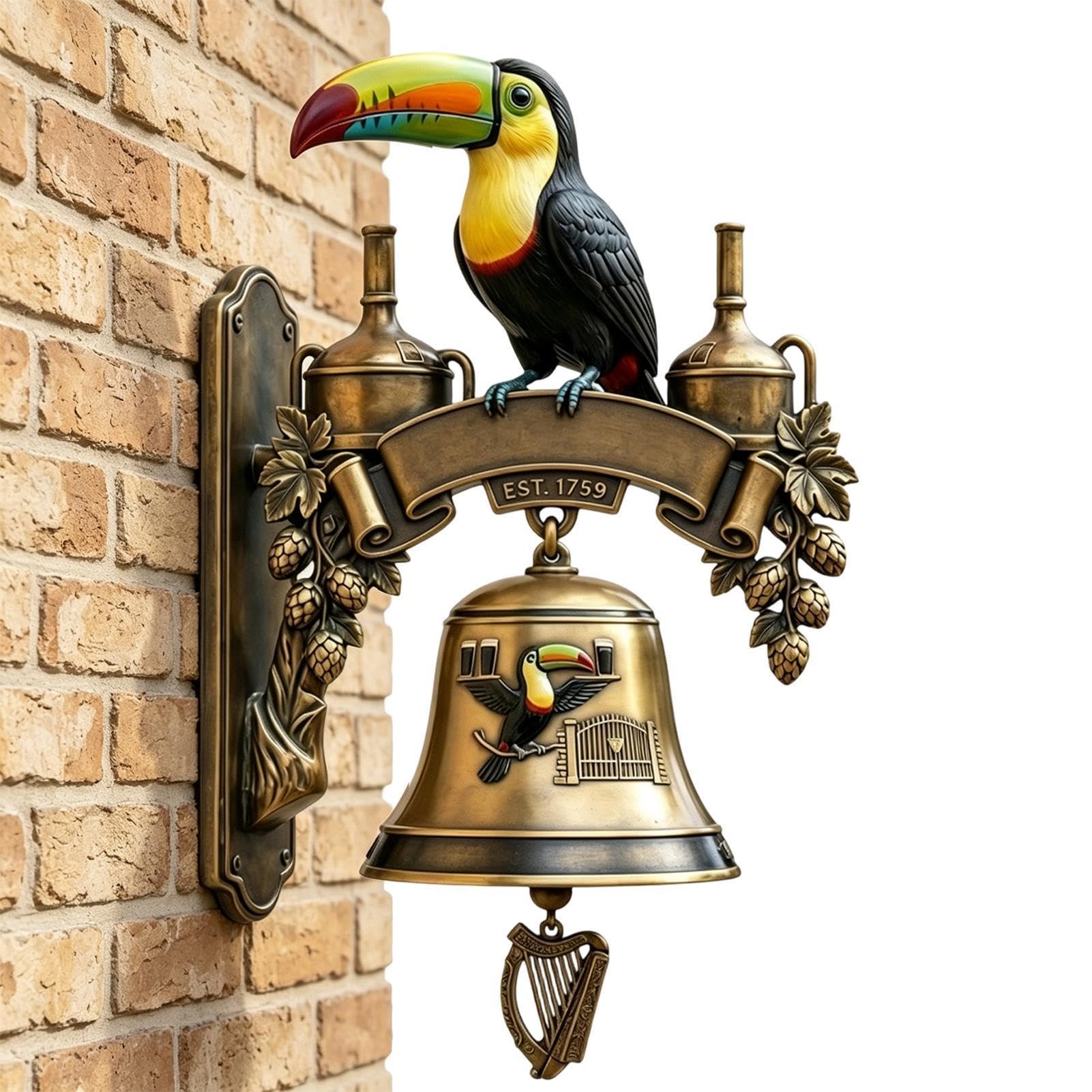 Wall Mounted Bell, Toucans Decorative Dinner Bell, Vintage Metal Entry Door Bells, Outside Hanging Decor Or Indoor Decoration, Front Gate Bells For Home, Bar, Pub, Garden, Reception