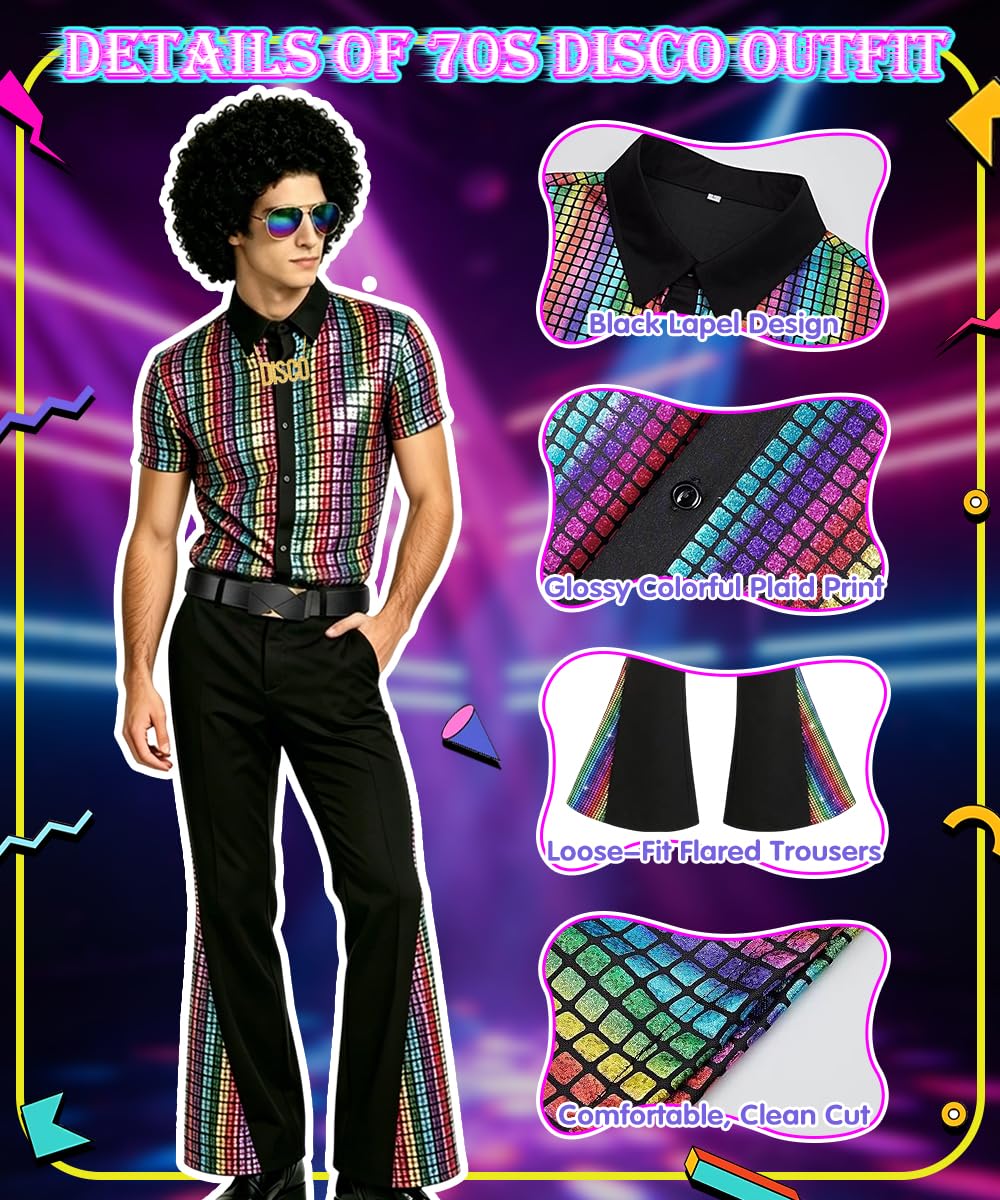 70er Jahre Outfit Herren, Disco Kostüm mit Perücke, Schnurrbart, Halskette, Faschingskostüme Herren, 70er Jahre Disco Kostüm für Karneval, Halloween, Cosplay und Party