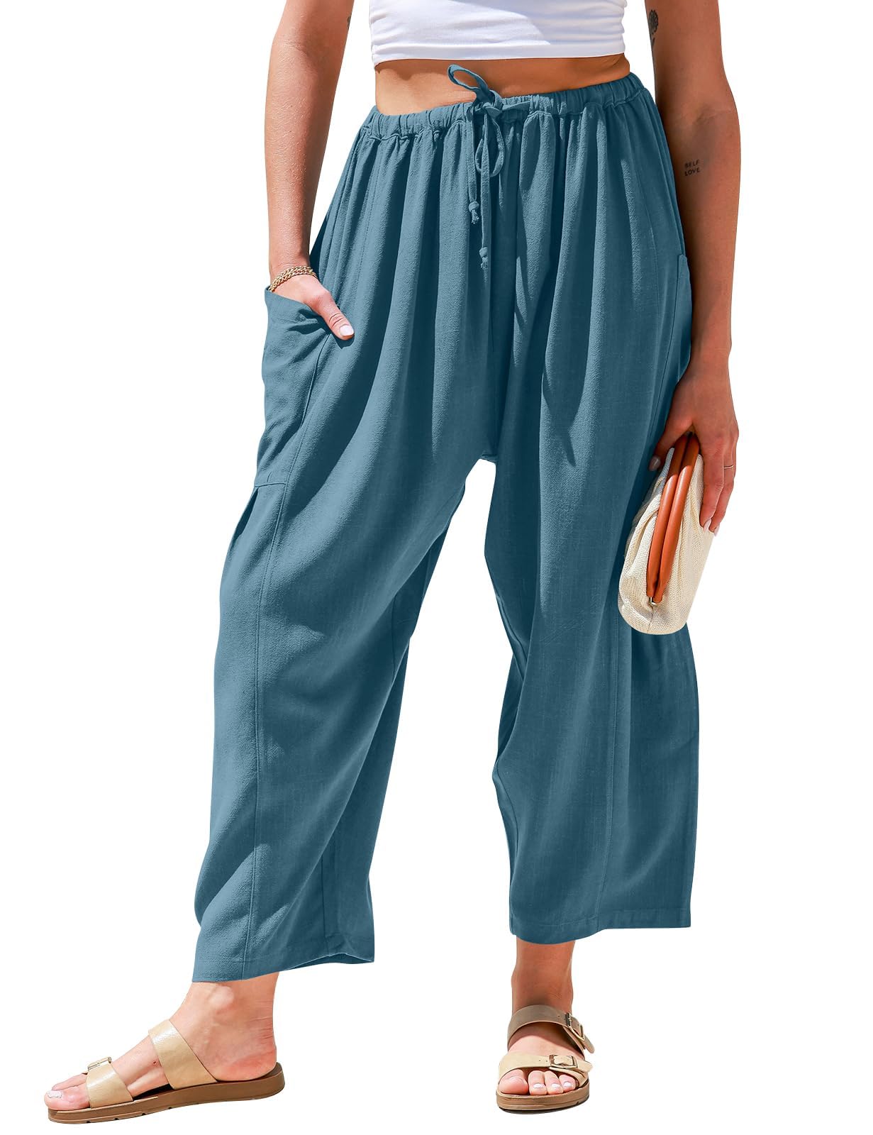 TARSE Womens Linen Wide Leg Pants Casual Loose Drawstring Summer Beach Travel Vacation Palazzo Harem Pants with Pockets