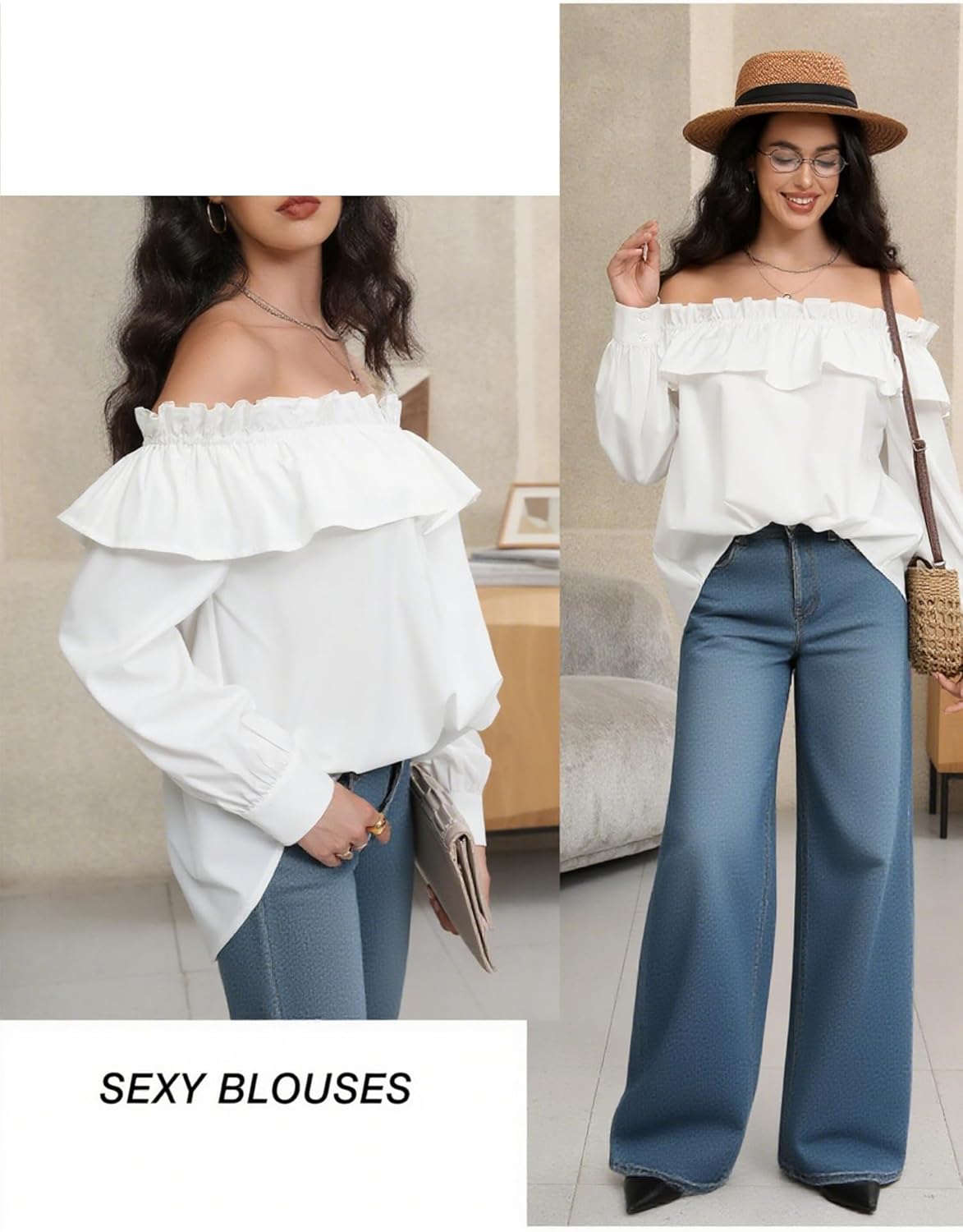 Prettywear Women's Sexy Off Shoulder Tops Long Sleeve Ruffle Blouse Flowy Going Out Shirt Oversized - Image 5