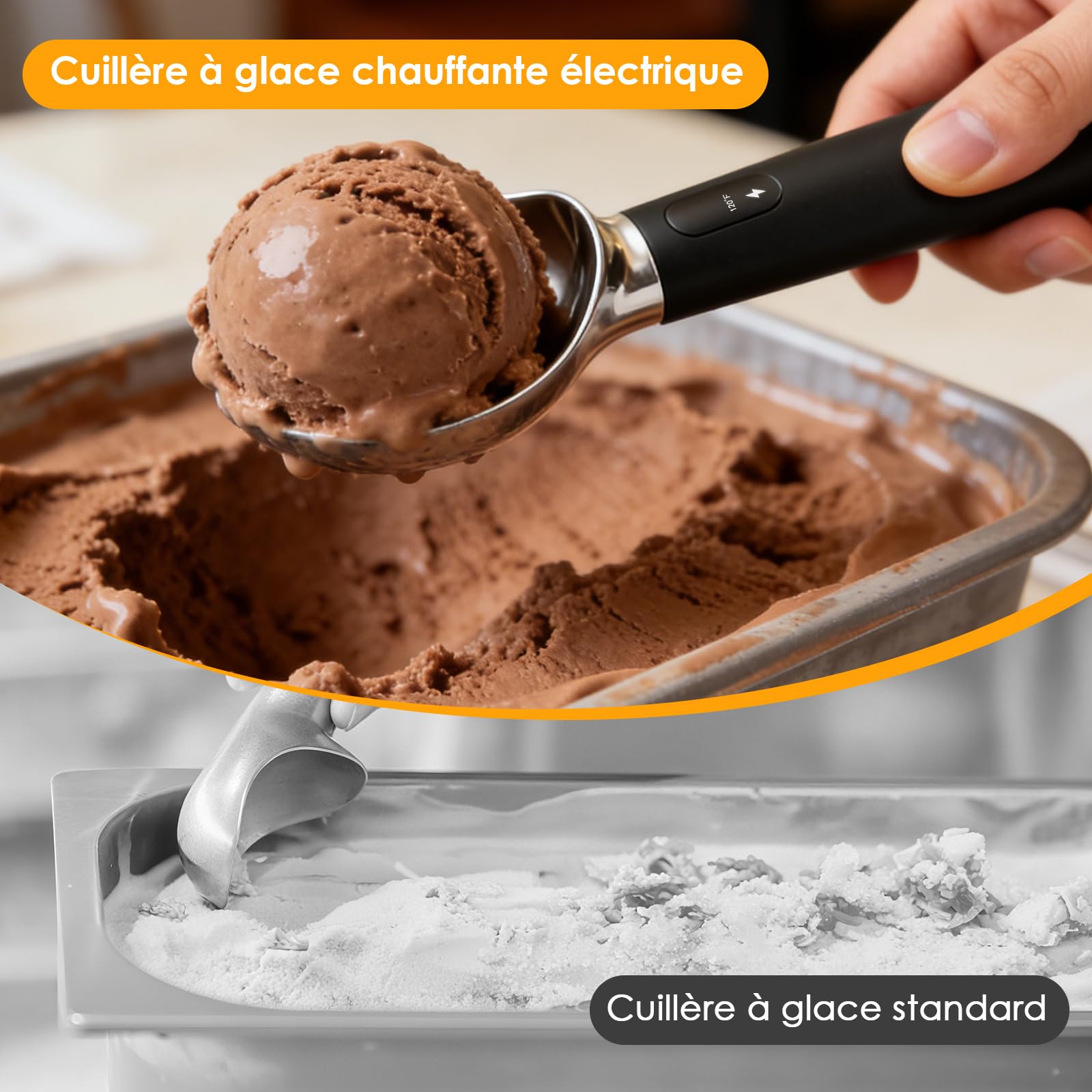 Cuillère à Glace, Boule à Glace Électrique Chauffante avec 3 Positions de Chauffage, Rechargeable, Étanchéité IPX7, Portionneur de Boules de Glace Antiadhésif, Ice Ball Scoop pour Glace Dure