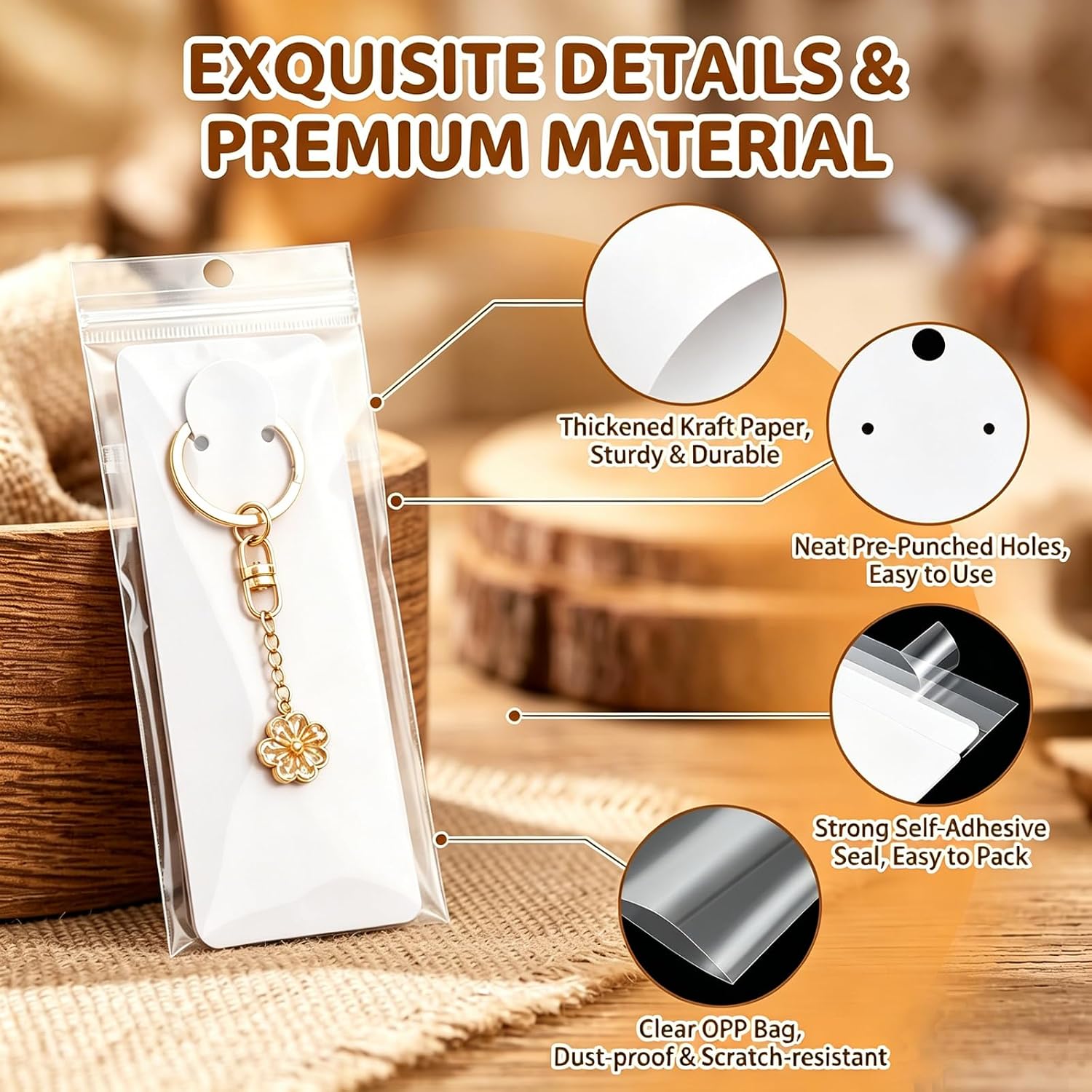 100 Pcs White Keychain Display Cards with 100 Self-Sealing Bags