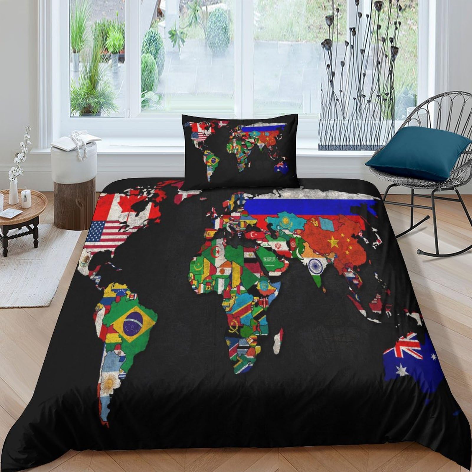Housse de couette Carte du Monde fermeture éclair pour changer facilement de lit