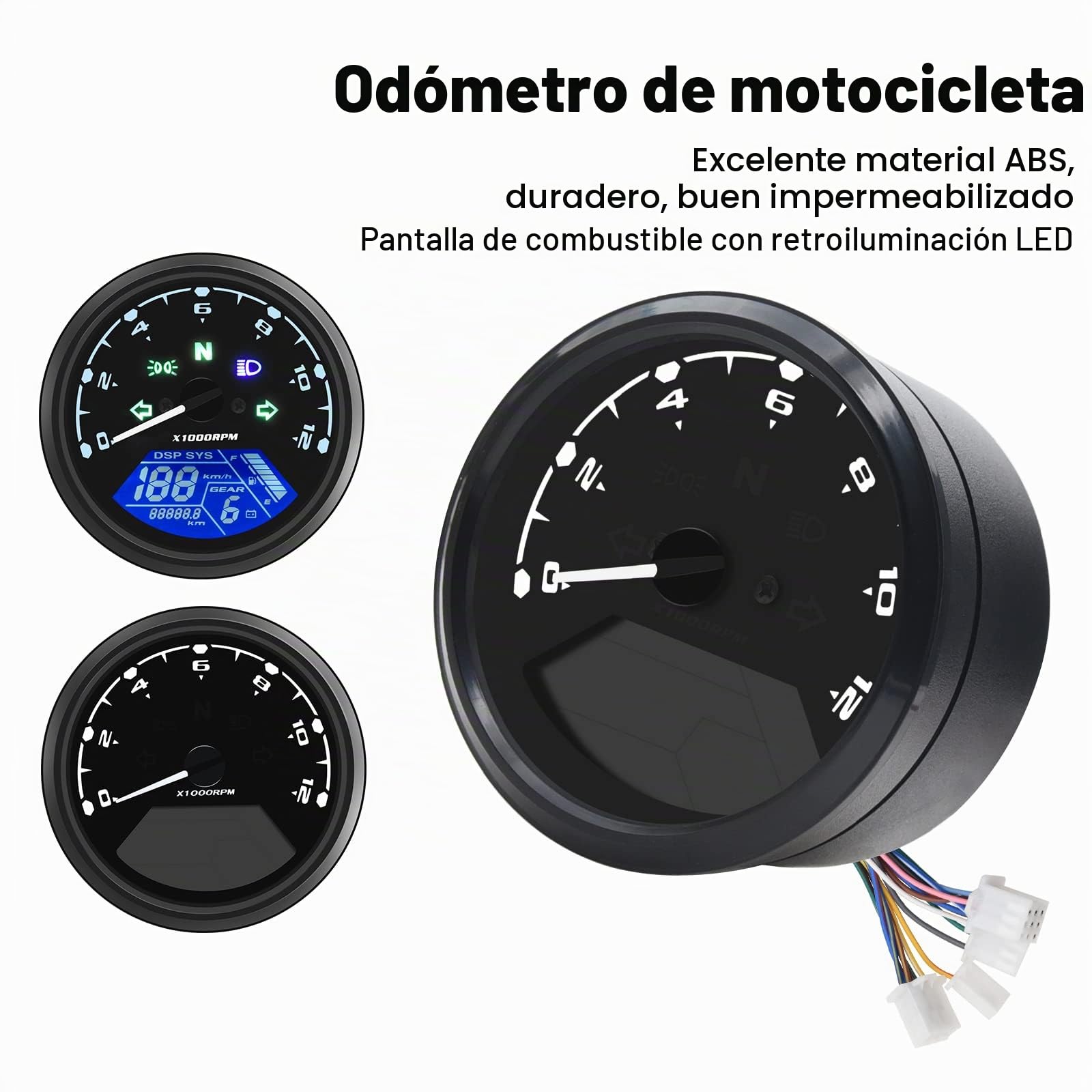 Geloo Velocímetro digital para motocicleta, velocímetro digital, tacómetro 12000 RPM 199 KMH MPH universal para cilindros 1,2,4 con luz indicadora multifunción 12 V