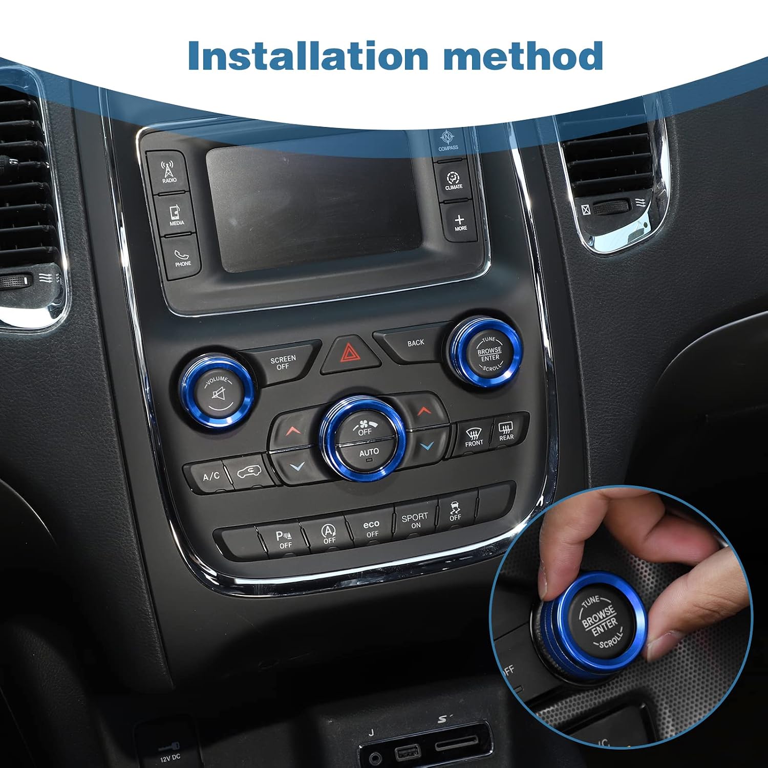 AC Volume Switch Knob Trim Ring Compatible with Dodge Charger 2011+/Challenger 2015+/RAM 2012-2017/Durango 2016-2022/Chrysler 300C 2011+, Aluminum Alloy Interior Accessories 3pcs, Blue