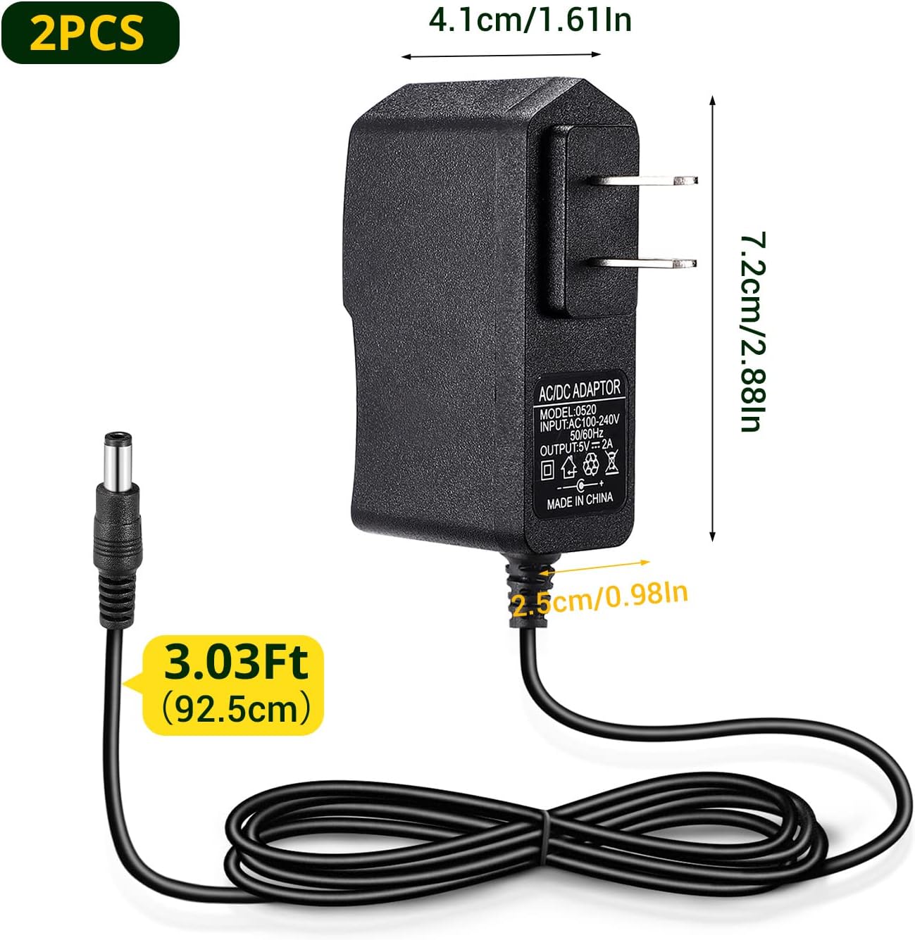 Facmogu 2 Pack DC 5V 2A Power Adapter, AC 100-240V to DC 5V 2A 10W Power Supply Transformers, 5.5 x 2.5mm DC Jack Also Compatible with 5.5x2.1mm Socket