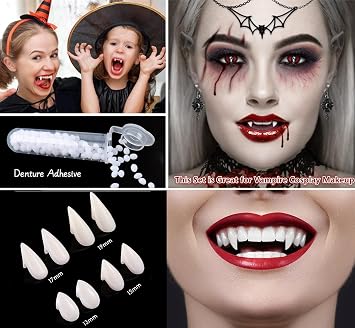 Go Ho Vampire Fangs Teeth and Fake Blood Makeup,Sticky Blood,Black Lipstick,4 Pairs 4 Sizes Fangs with Adhesive,Vampire Accessories for Halloween Costumes Cosplay