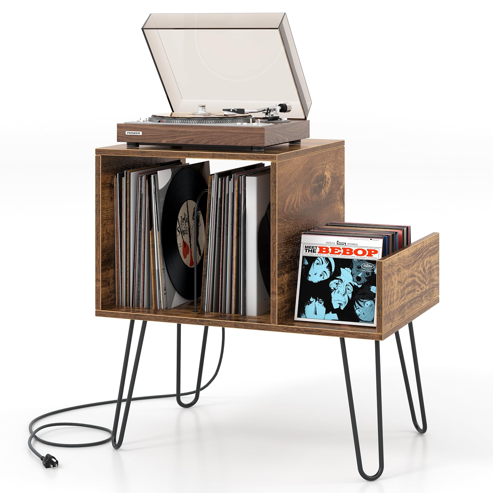 KOMFOTTEU Meuble Platine Vinyle avec Station de Charge, pour jusqu'à 145 Albums, Support de Tourne-Disque, Séparateurs et Étagère latérale, Étagère de présentation (Marron)