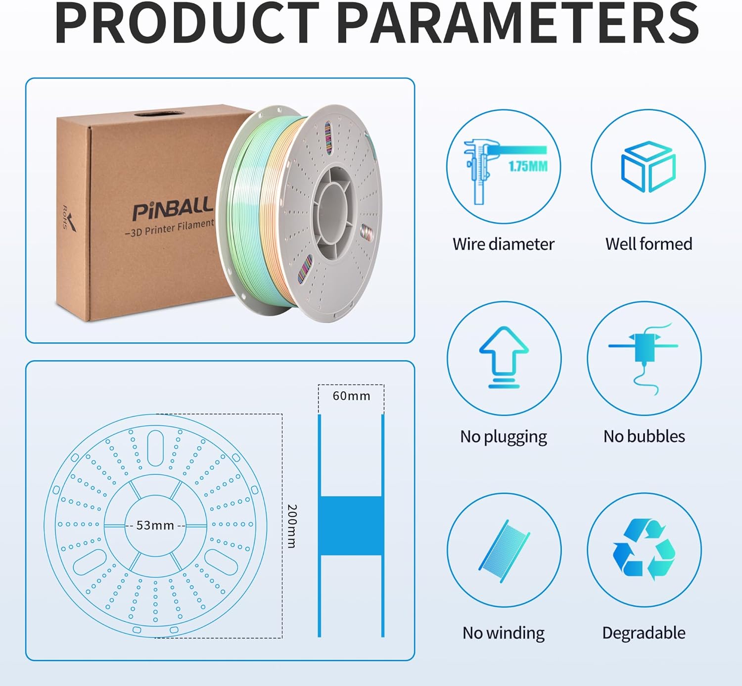 PINBALL Silk Rainbow PLA 3D Printer Filament 1.75mm Shiny Multi-Color Changing Filament 3D Printing PLA Filament Dimensional Accuracy +/- 0.02mm 1 KG Silk Rainbow Candy - Image 4