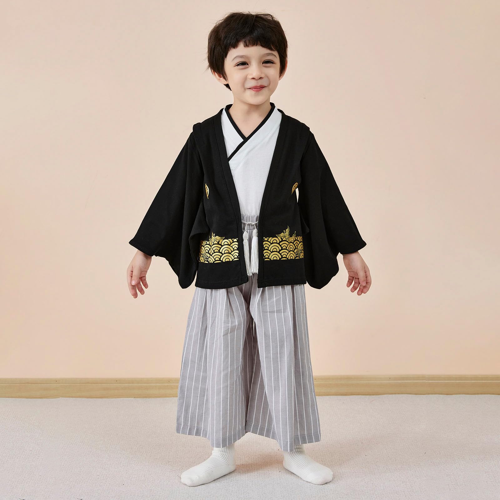 Generisch Costume de baptême 98 - Vêtements traditionnels - Kimono traditionnel - Pour garçon - En tissu noir - Pour enfant