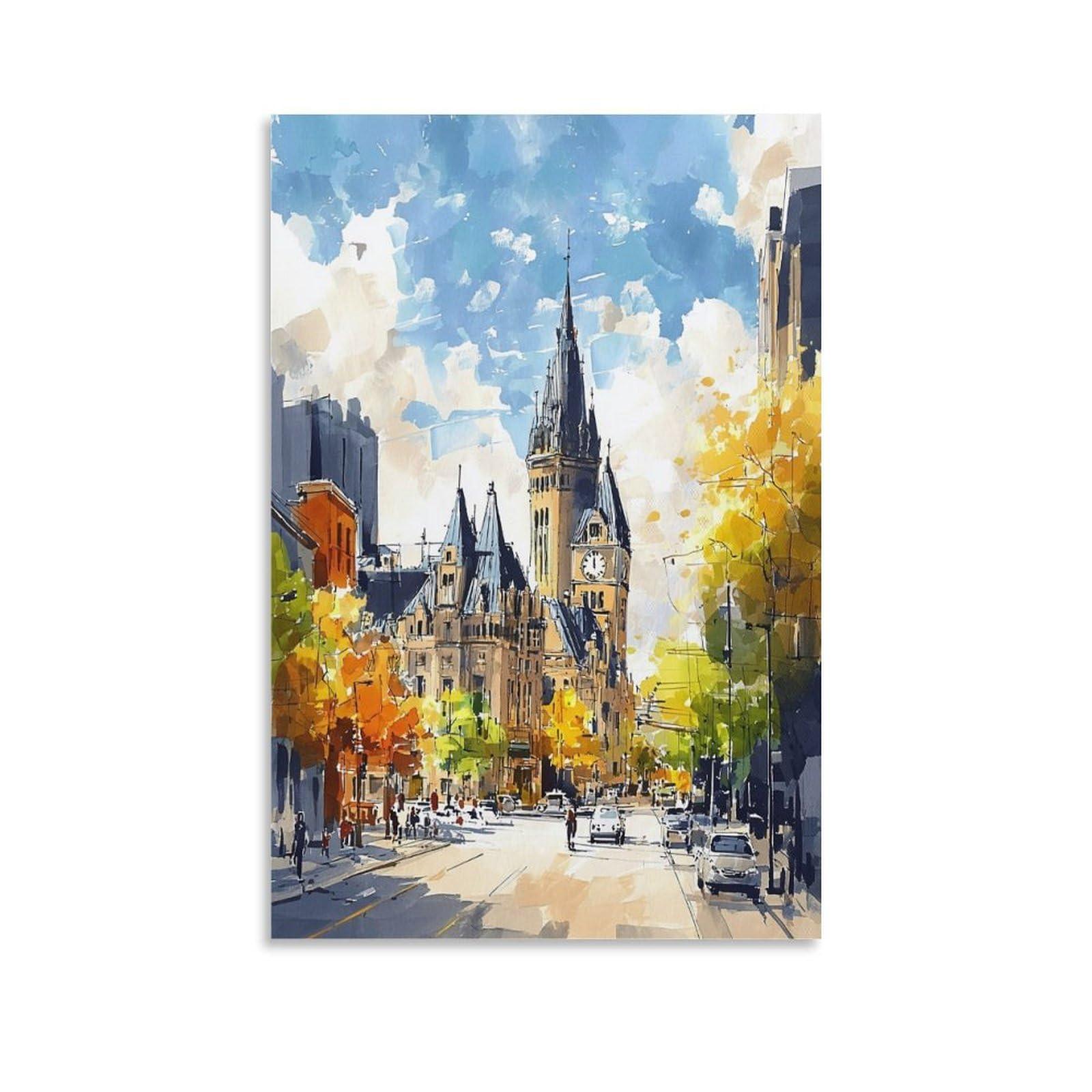 LCYNNH Montreal Watercolor Print_ Canada Wall Art Cityscape Home Decor 20x30inch(50x75cm) Vintage Watercolor Canvas Art
