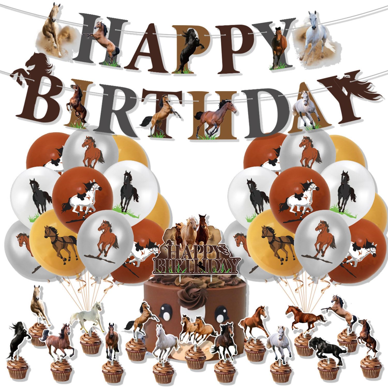 JDCMEI Decoraciones de Cumpleaños de Caballos, 38 piezas Globo de Caballo Fiesta Temática Decoraciones de Caballos de Carreras Incluye Pancarta de Happy Birthday,Toppers De Pastel