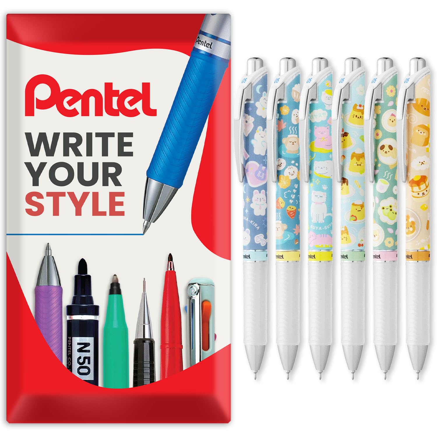 Pentel EnerGel Gel Ink Retractable Rollerball Pen - BLN75 0.5mm Nib - Kawaii Onomatopoeia Limited Edition Pens - Black Ink - in Envelope Gift Packaging (Assorted Pack of 6)